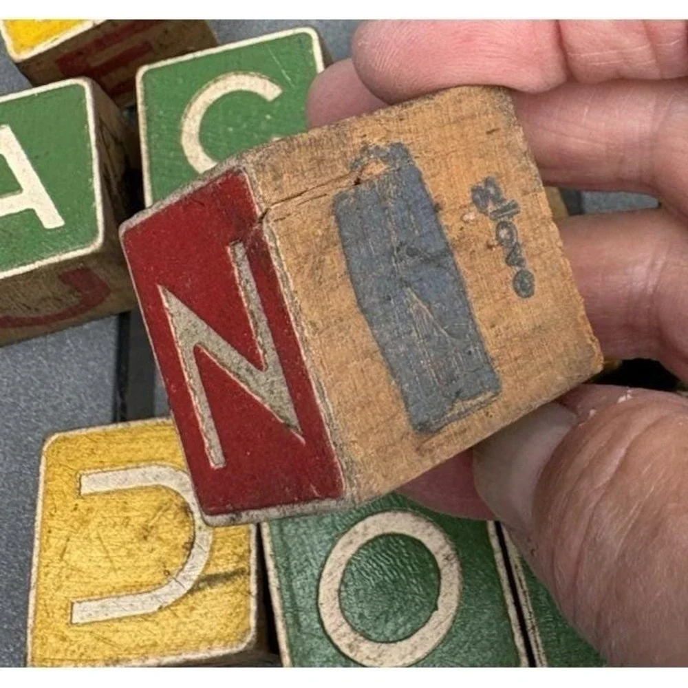 Vintage wood alphabet building blocks letters object animals pictures 1950's